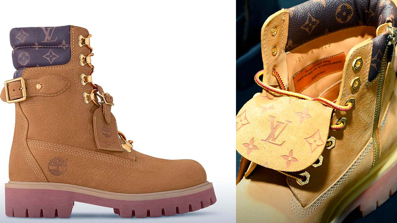 Montagem de fotos da bota Louis Vuitton X Timberland.