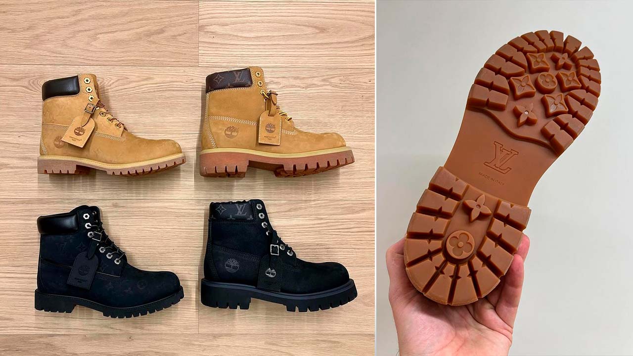 Montagem de fotos da bota timberland da collabd da moda LV X Timberland.