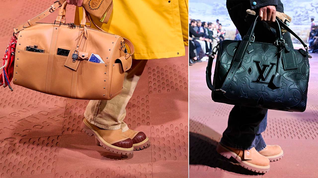 Montagem de fotos do desfile da Louis Vuitton onde apareceram as botas timberland x LV.