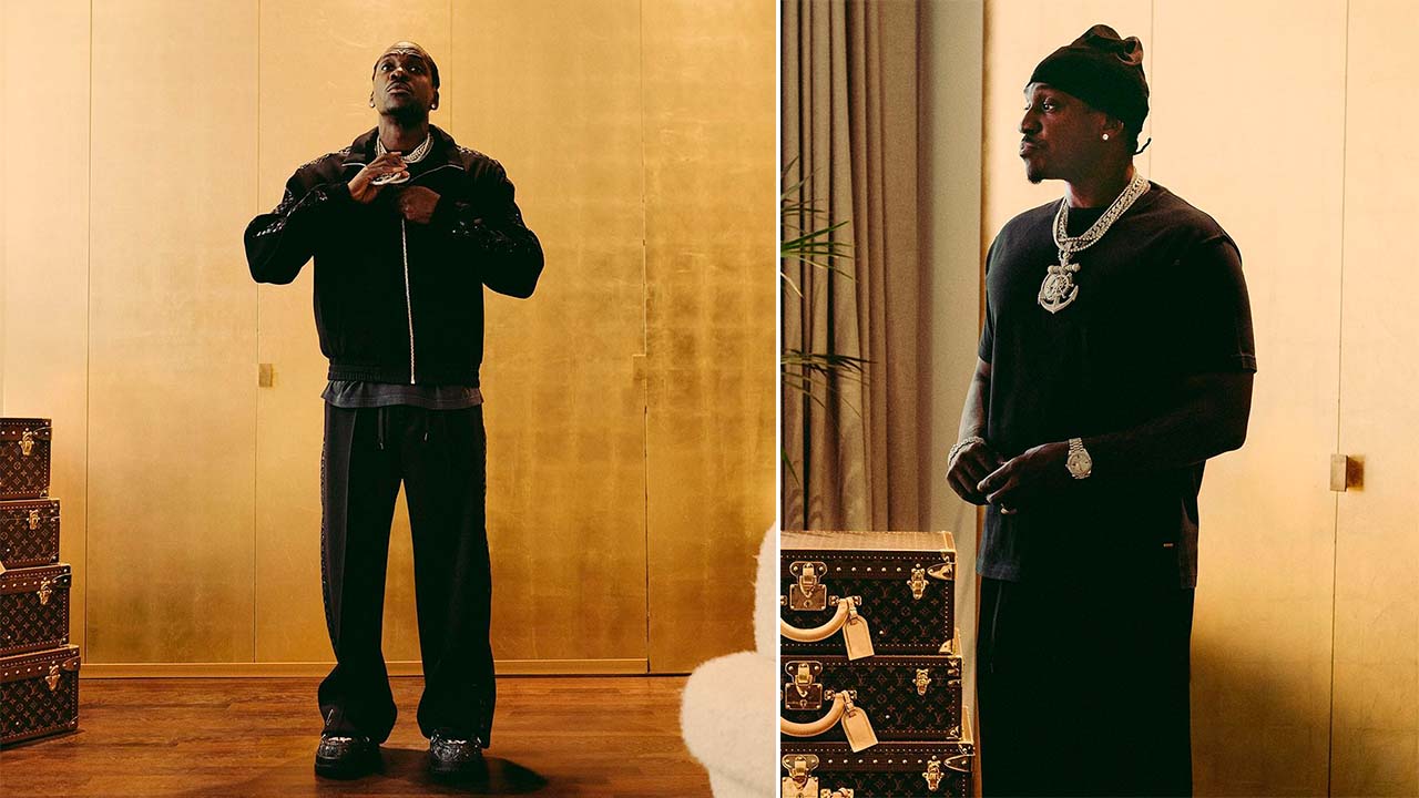 Montagem de fotos de Pusha T o novo embaixador da Louis Vuitton.