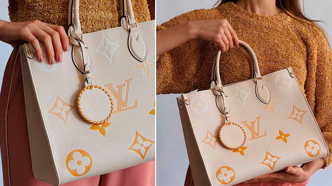 Montagem de fotos de uma das tote bags da louis vuitton perfeita para viajar nas férias.