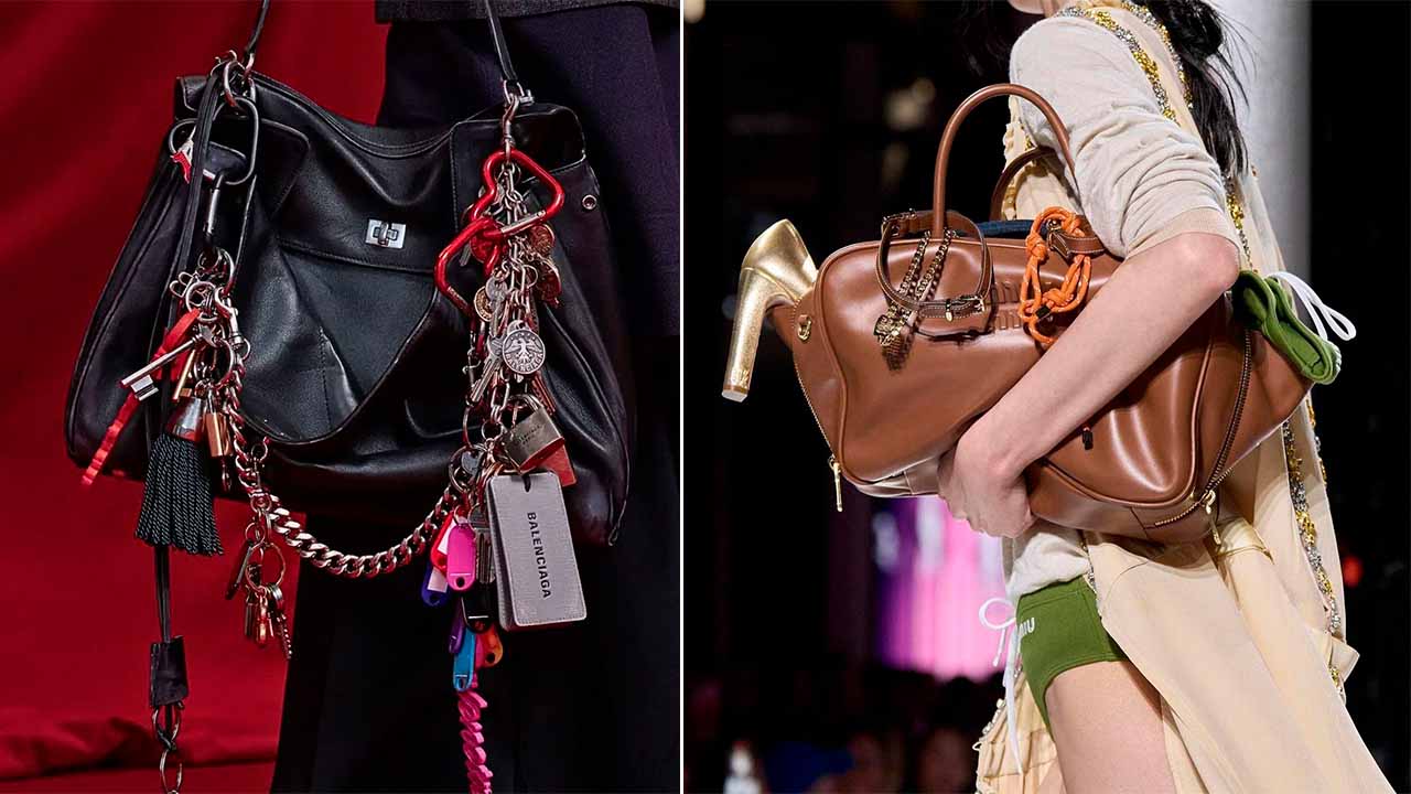 Foto de desfile da Balenciaga e da Miu Miu com mulheres carregando bolsas de luxo com bag charms, os acessórios de bolsa tipo chaveiro.