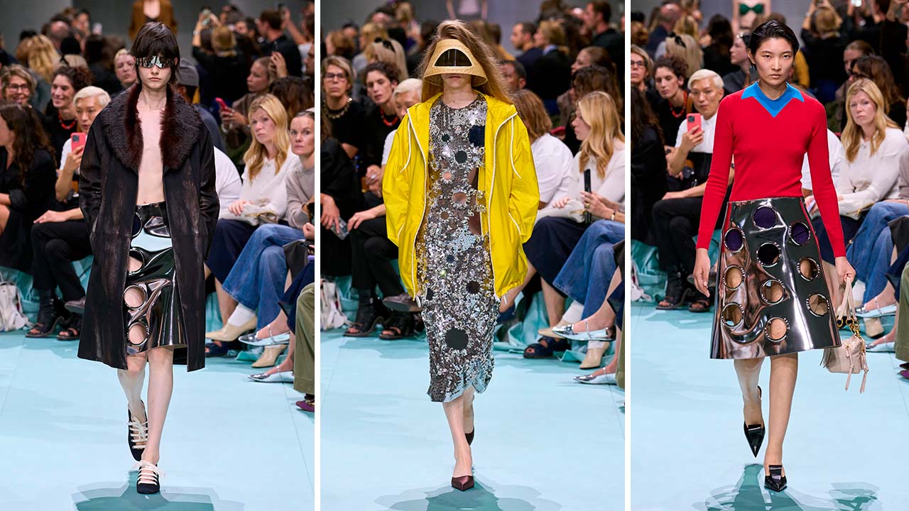 Montagem de fotos do Desfile da Prada Verão 2025 na Semana de Moda de Milão (MFW).