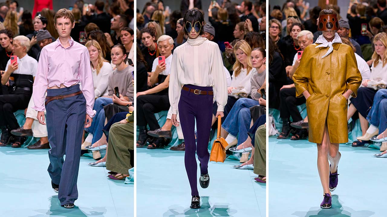 Montagem de fotos do Desfile da Prada Verão 2025 na Semana de Moda de Milão (MFW).