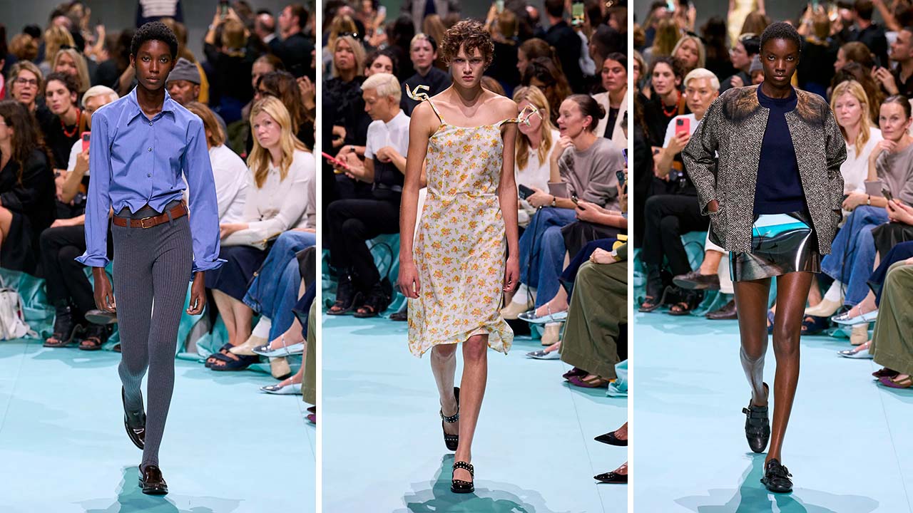 Montagem de fotos do Desfile da Prada Verão 2025 na MFW.