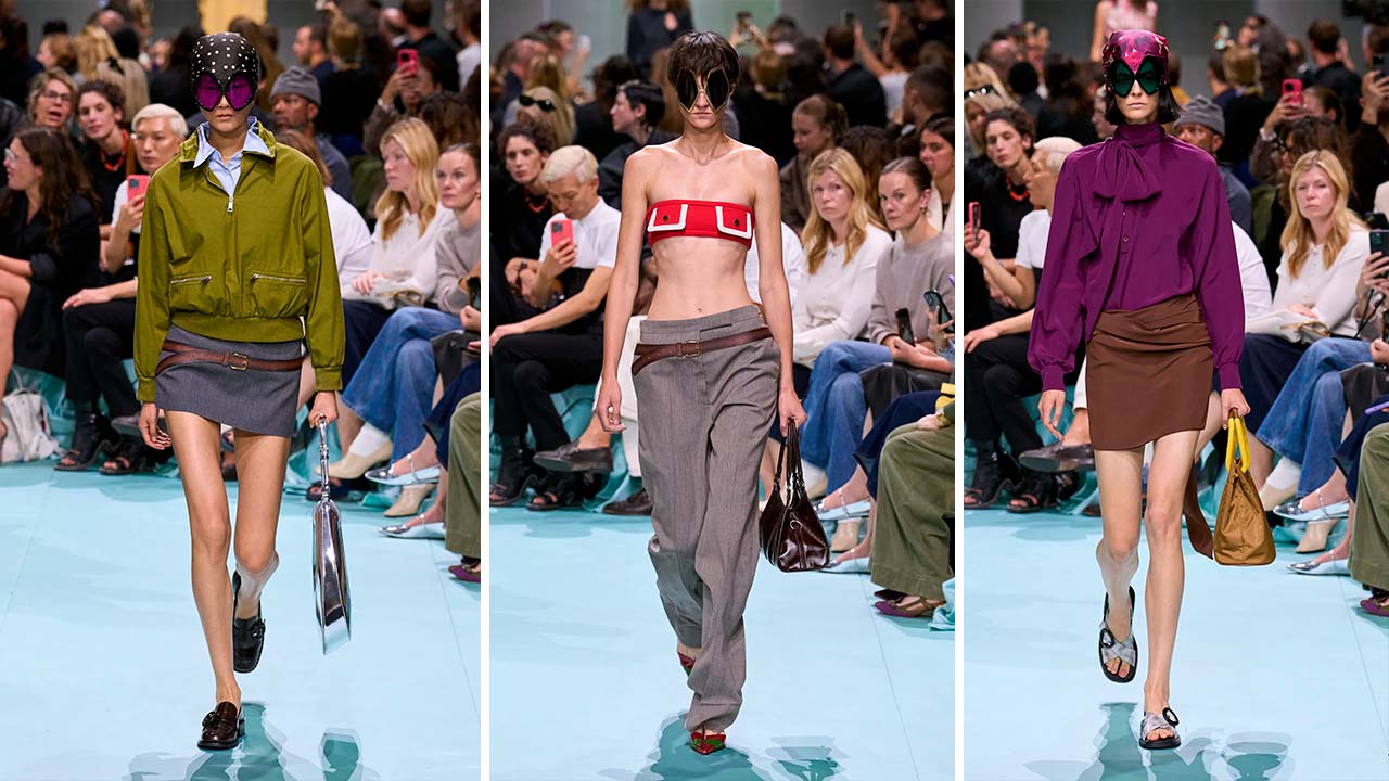 Montagem de fotos do Desfile da Prada Verão 2025 na Semana de Moda de Milão (MFW).