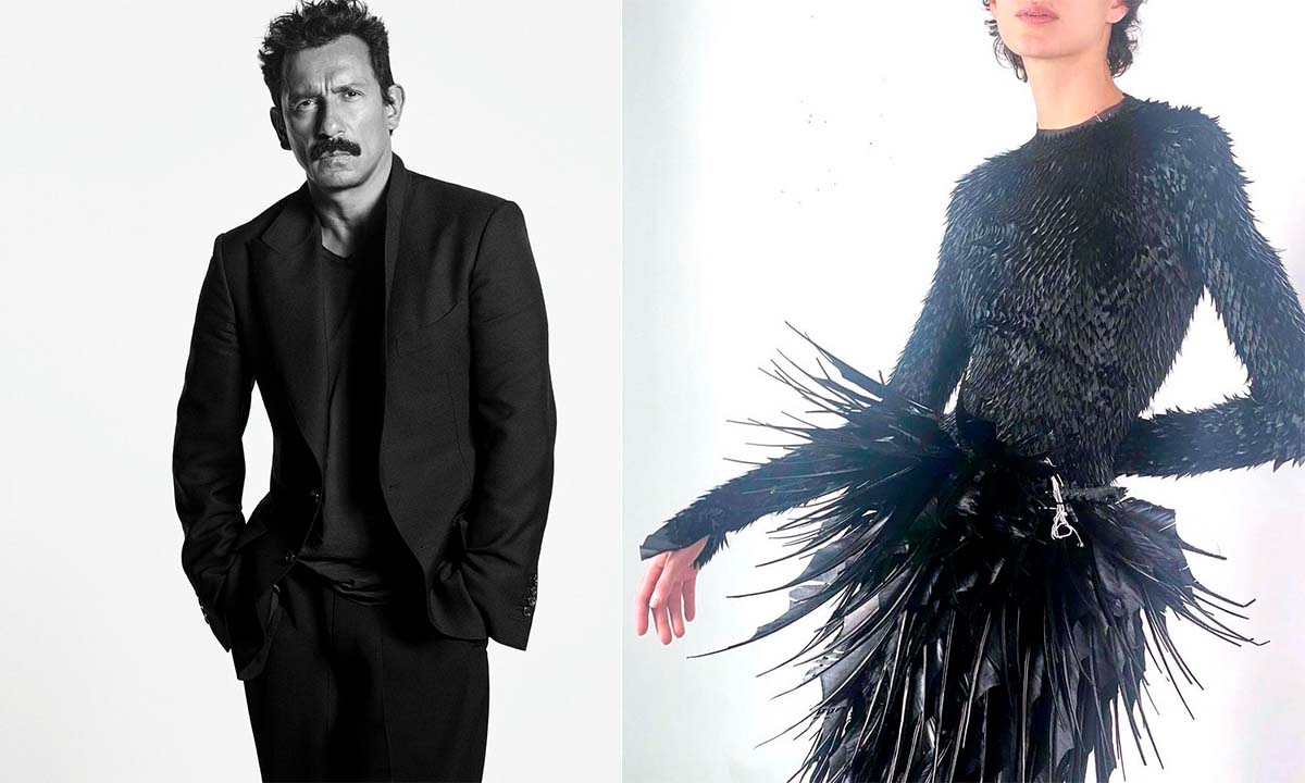 Foto de Haider Ackermann o novo diretor criativo da marca Tom Ford ao lado de uma das suas criações para sua grife própria