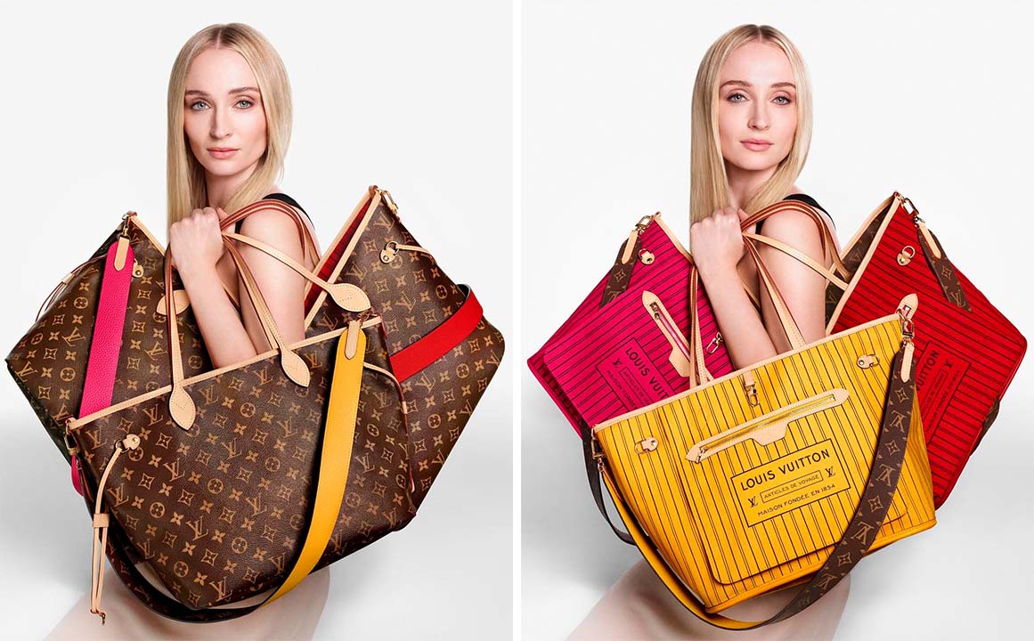 Montagem de fotos da nova bolsa da louis vuitton neverfull inside out, modelo reversível lançado em 2024.