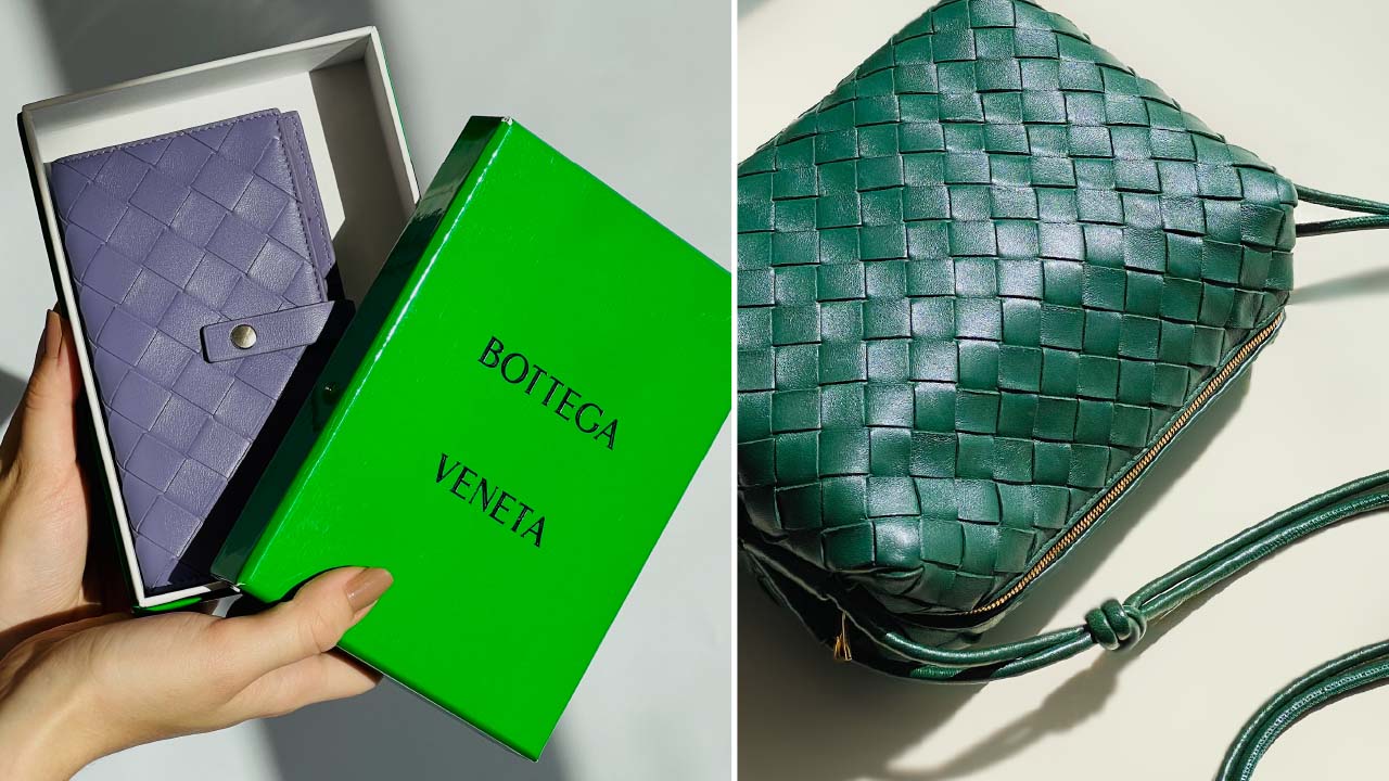 Fotos de acessórios com o intrecciato da Bottega Veneta, famosa técnica de trançado do couro.