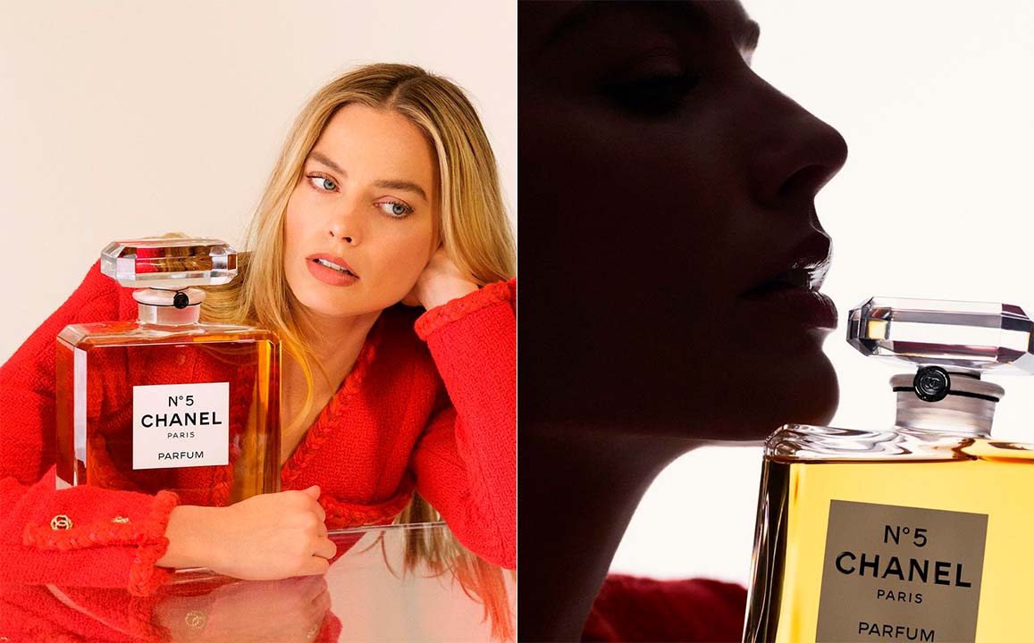 Montagem de fotos de Margot Robbie a nva embaixadora do Perfume Chanel No 5.