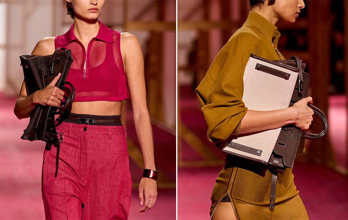 Fotos de modelos carregando a nova bolsa birkin no desfile hermès Spring/summer 2025.