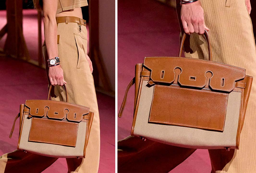 Montagejm de duas fotos de novas bolsas da Hermès, a Birkin Inside Out.