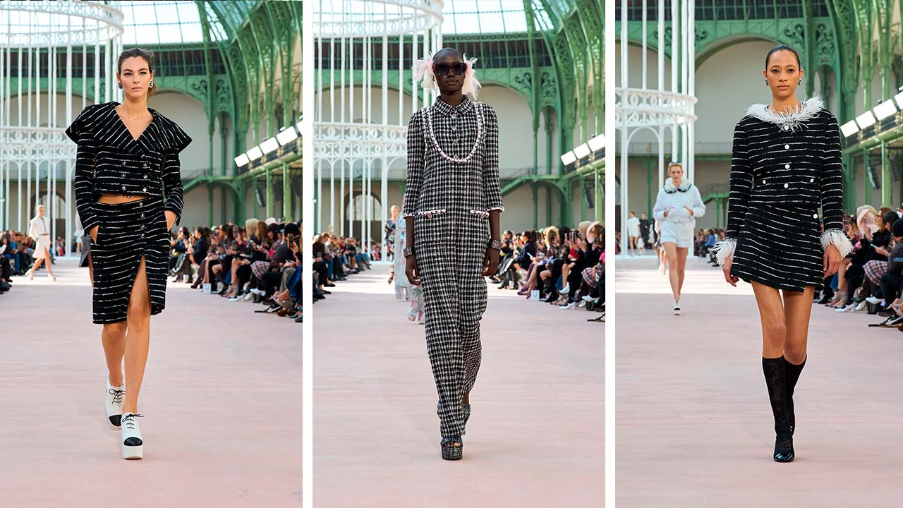 Montagem de fotos do Desfile Chanel Spring/Summer 2025 na Semana de Moda de Paris.