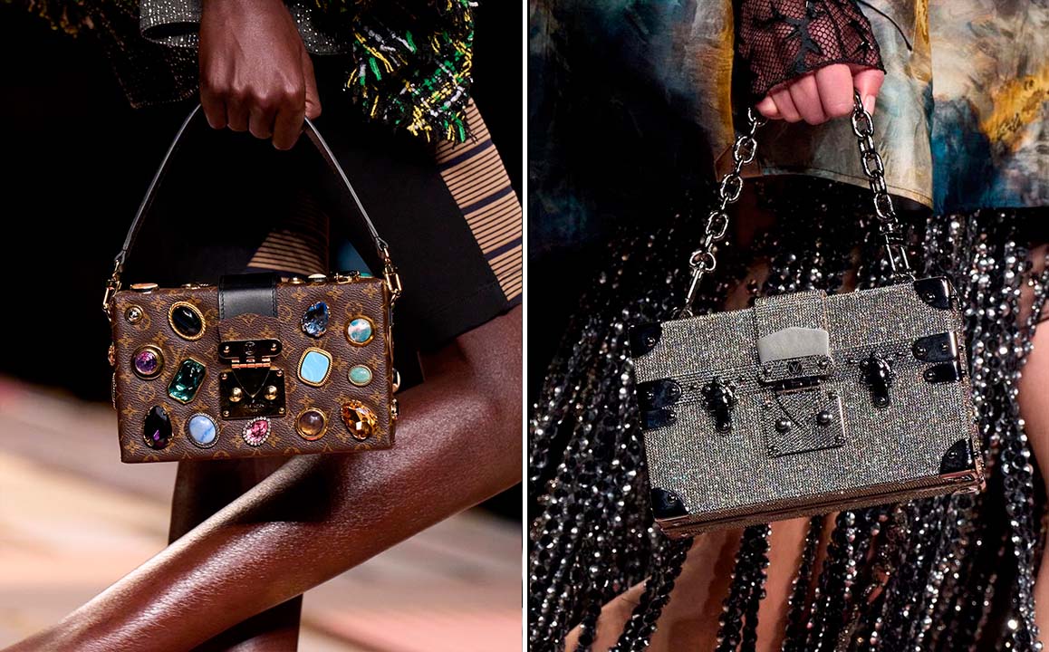 Montagem de fotos das novas Bolsas da Louis Vuitton, Petite Malle, do Desfile Spring/Summer 2025.