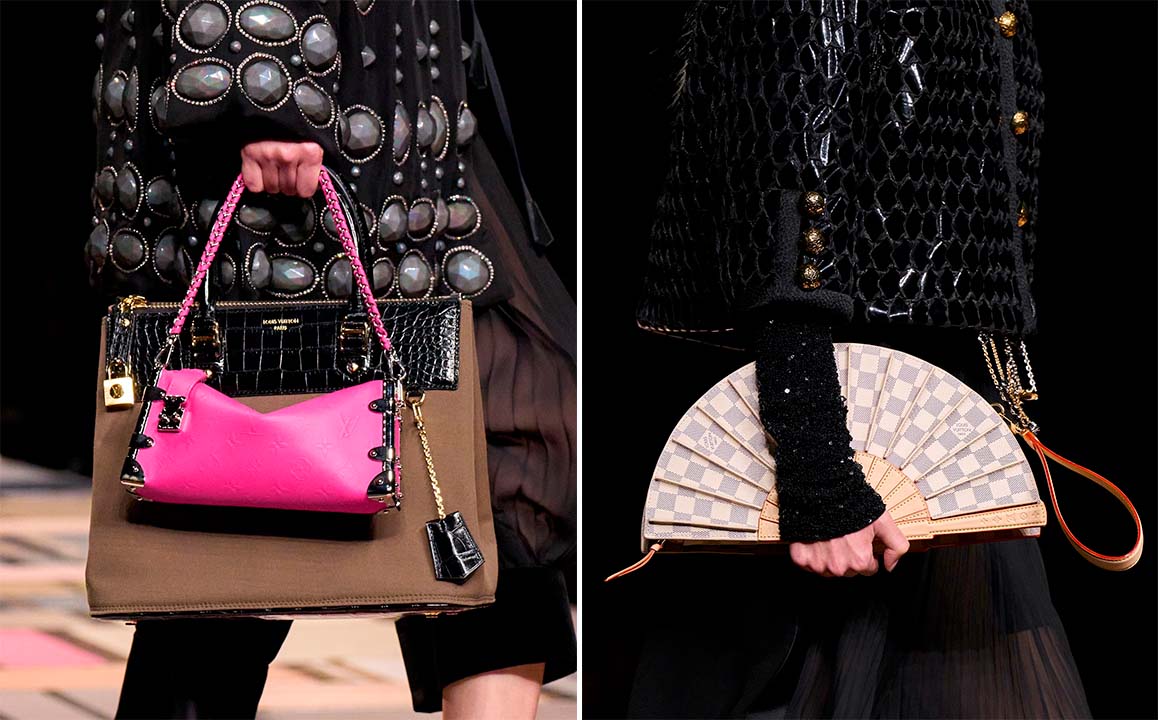 Montagem de fotos de bolsas em fomato de Leque da Louis Vuitton.