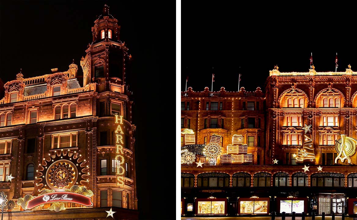 Montagem de fotos da loja Harrods com decoração de natal assinada por loro piana.