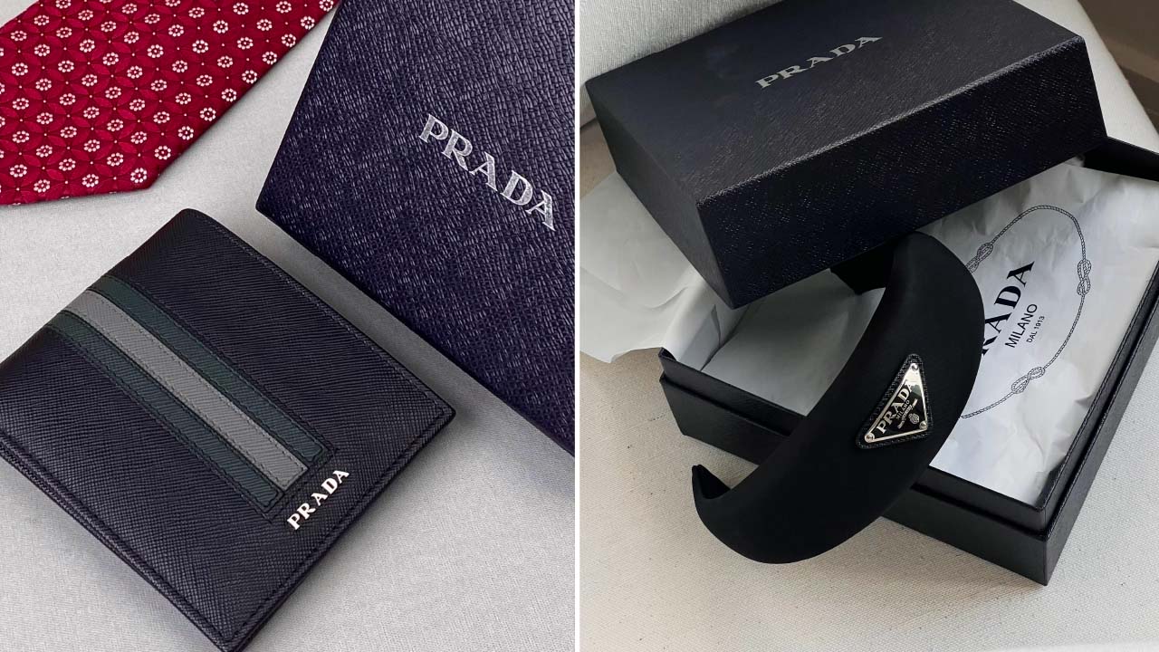 Montagem de fotos de acessórios da Prada, uma das top marcas de luxo na black month.