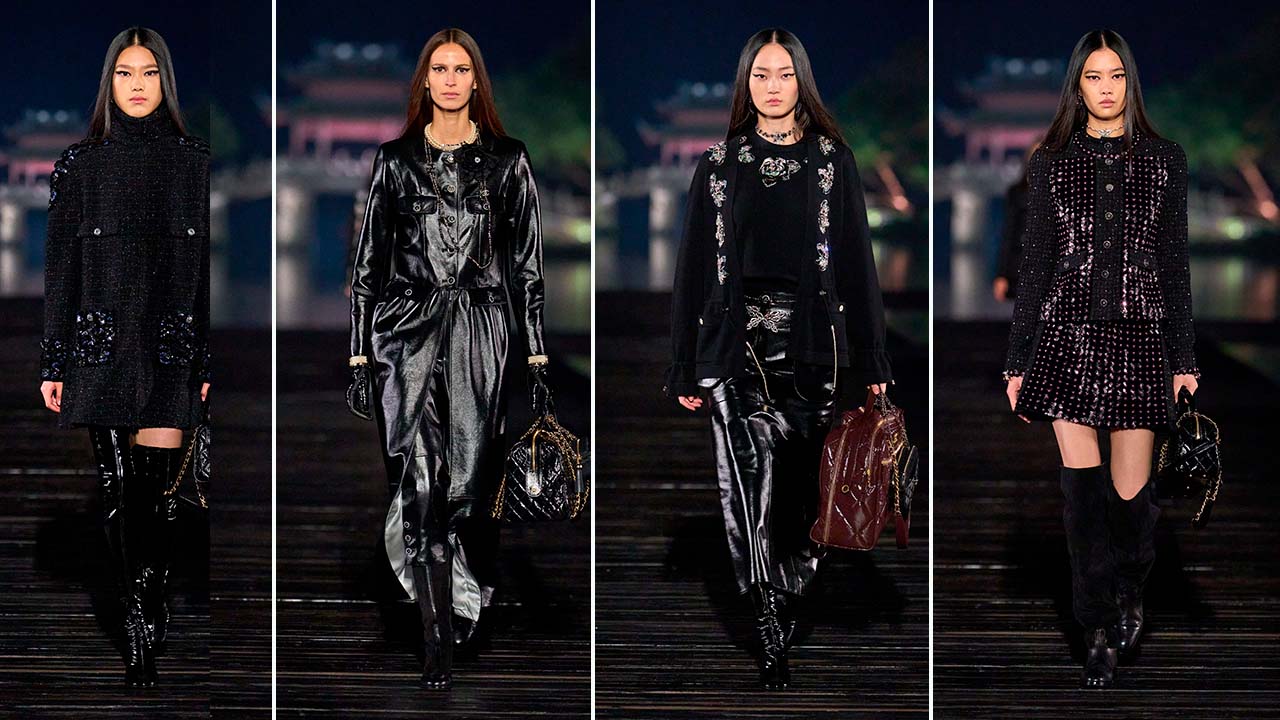 Montagem de fotos do Desfile da Chanel Métiers d'Art 2024/25 em Hangzhou na China.