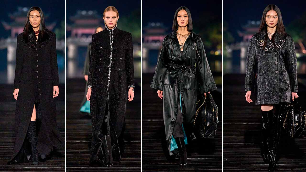 Montagem de fotos do Desfile da Chanel Métiers d'Art 2024/25 em Hangzhou na China.