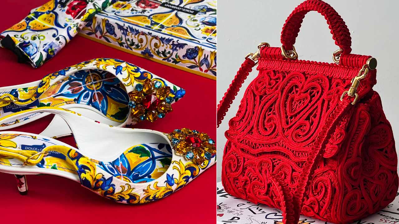 Montagem de fotos de sapato e bolsa da Dolce & Gabbana uma das marcas italianas mais famosas do mundo.