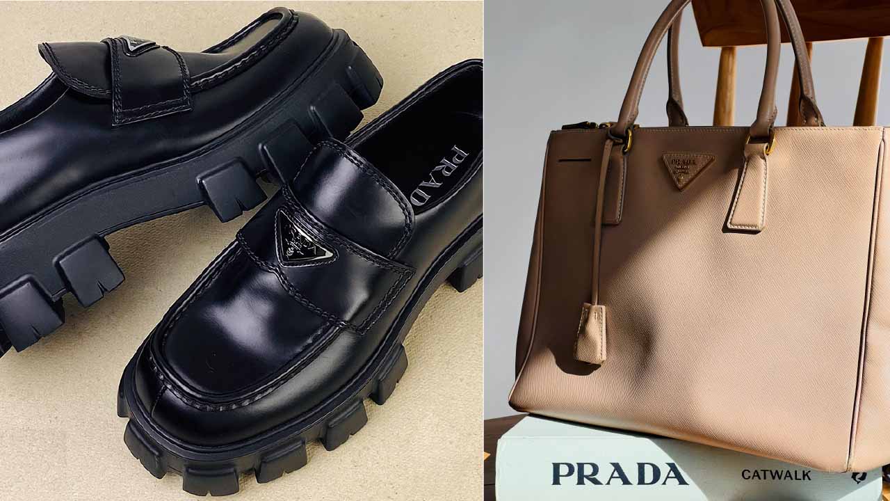 Montagem de fotos de sapato e bolsa Prada, uma das marcas italianas mais famosas do mundo.