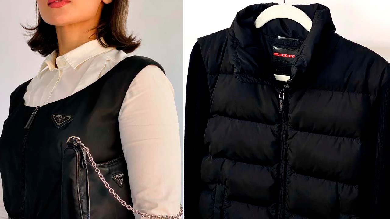 Foto de vestido e jaqueta da Prada  uma das marcas de roupas de luxo femininas e masculinas da cyber week do etiqueta única.