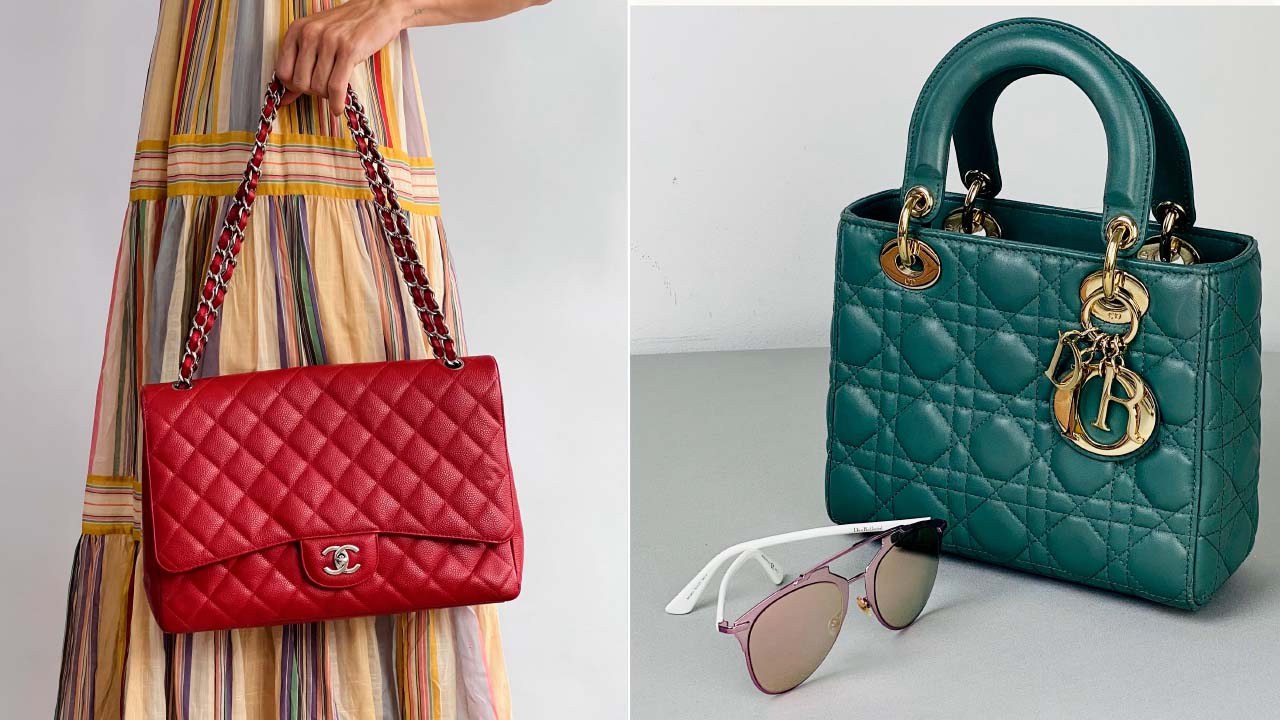 Montagem de fotos de bolsas para o natal de marcas de luxo Chanel e Dior.