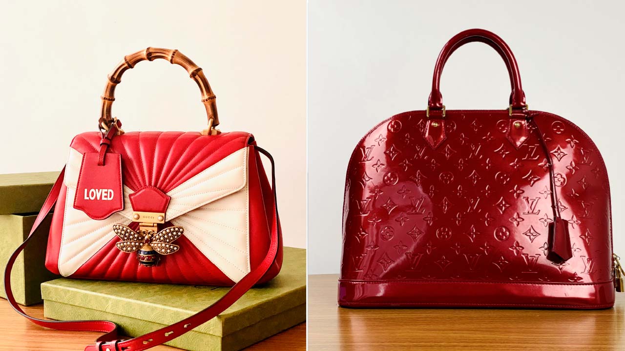 Montagem de fotos de bolsas para a noite de natal da Gucci e Louis Vuitton.