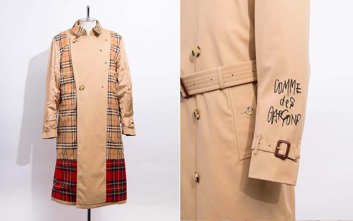 Montagem de fotos do famoso casaco xadrez Burberry reinventado com a Comme Des Garçons.