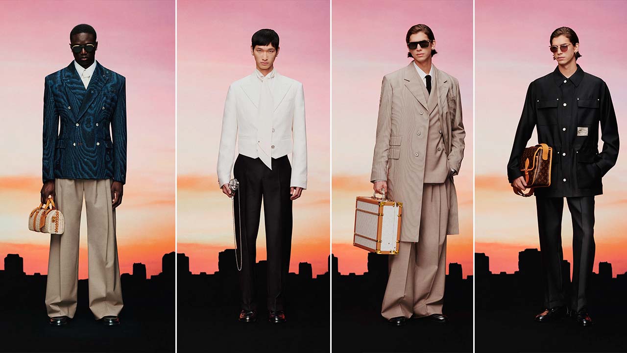 Montagem de fotos da Coleção Louis Vuitton Pre-Fall 2025 Masculina inspirada em Miami.