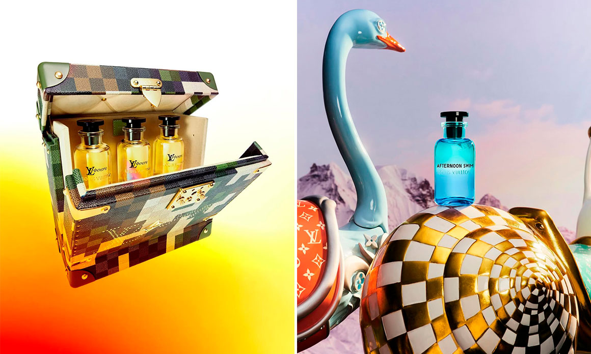 Montagem de fotos de perfumes da Louis Vuitton.