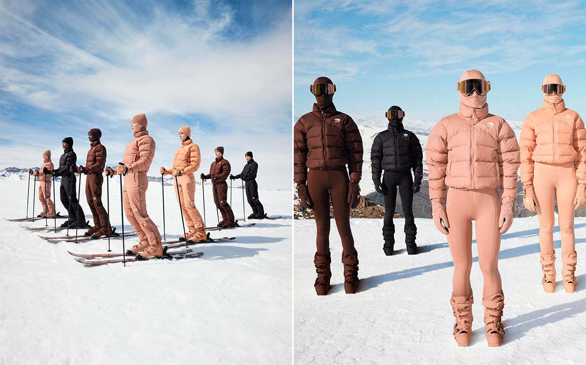 Montagem de fotos da collab Skims X The North Face, marca de Kim Kardashian e a etiqueta de roupas de inverno.