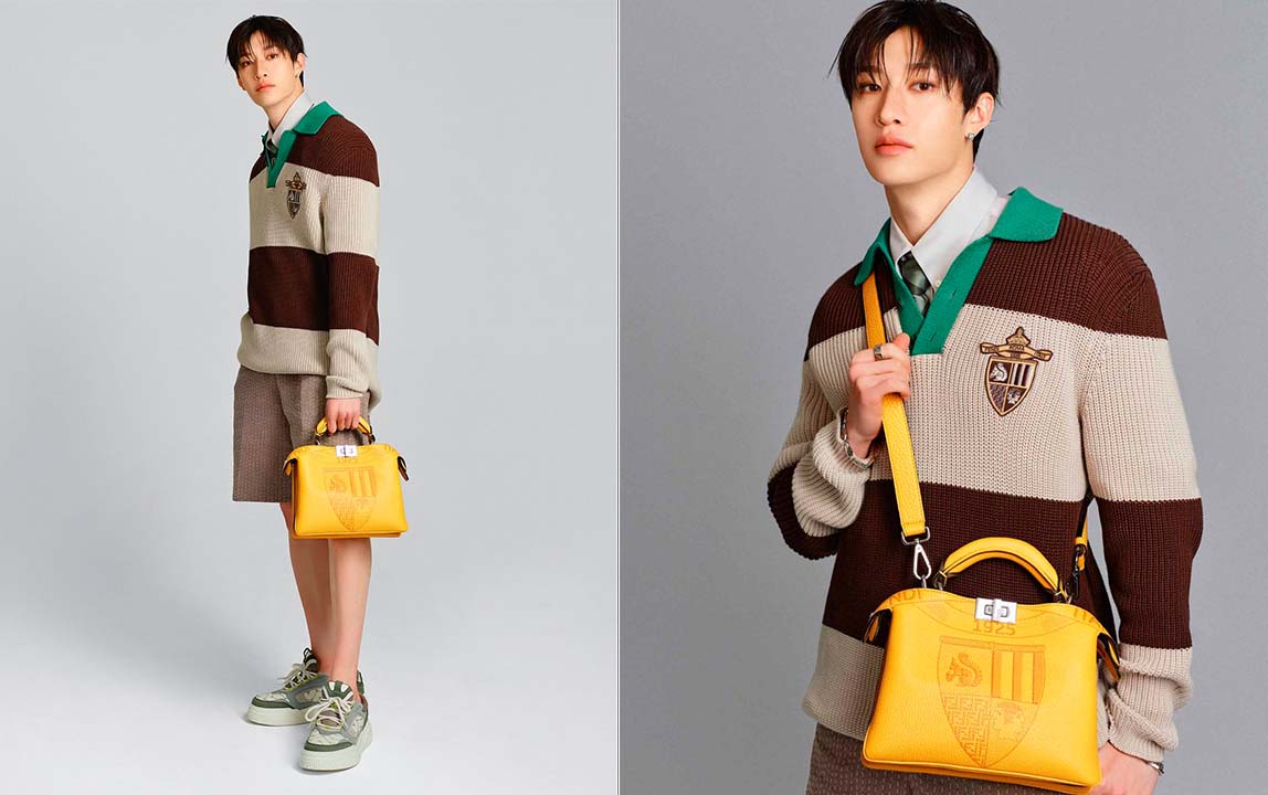 Montagem de fotos de Bang Chan, um dos Representantes da Fendi em 2025 com a Bolsa Peekaboo. 