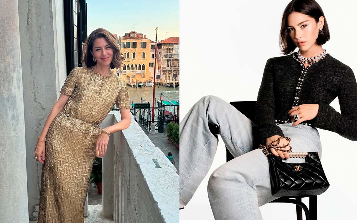 Montagem de fotos da cineasta Sofia Coppola ao lado de Gracie Abrams na nova Campanha da Chanel 2025.