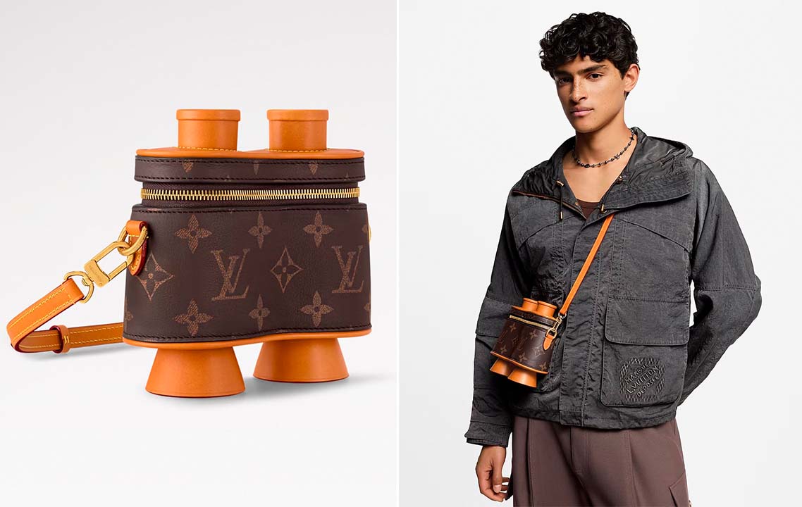 Montagem de fotos da bolsa louis vuitton em formato inusitado de binóculos.