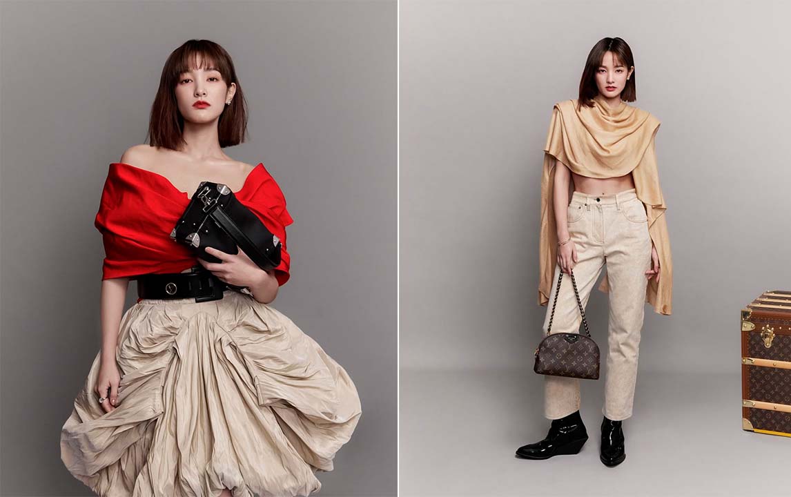 Montagem de fotos da atriz taiwanesa Gingle Wang, a nova Embaixadora da Louis Vuitton.