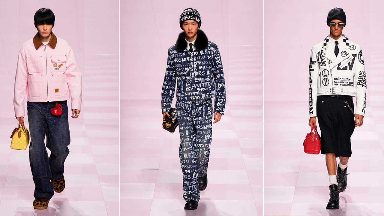 Montagem de fotos do Desfile Masculino Louis Vuitton Inverno 2025/2026 na Semana de Moda de Paris.