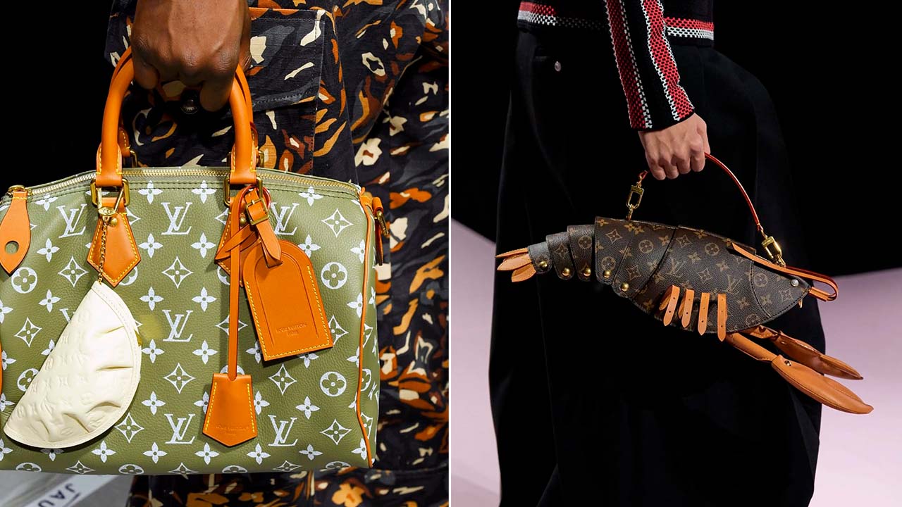 Montagem de duas fotos de Bolsas do Desfile Masculino da Louis Vuitton Inverno 2025, a Speedy e a Bolsa em formato de Lagosta.