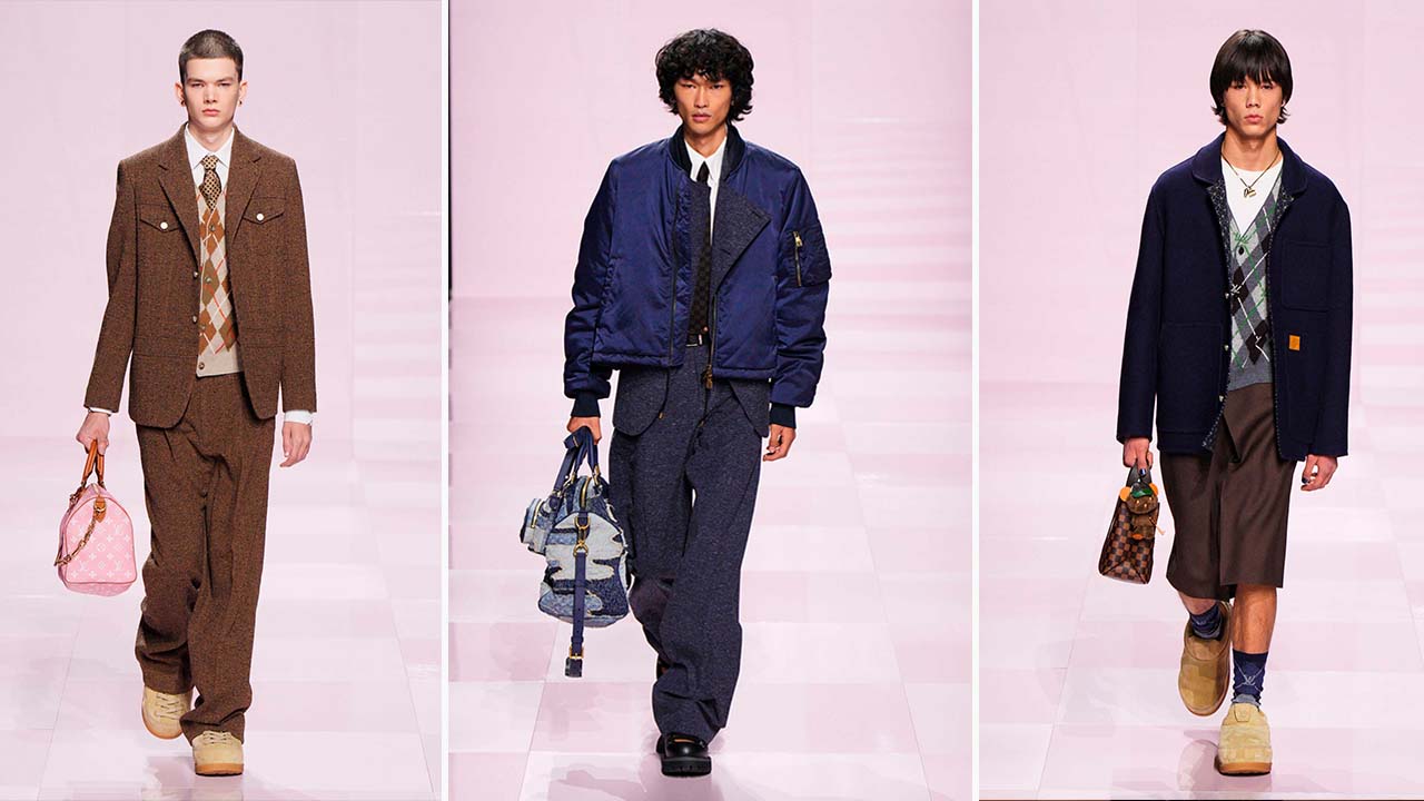 Montagem de fotos do Desfile Masculino Louis Vuitton Inverno 2025/2026 na Semana de Moda de Paris.