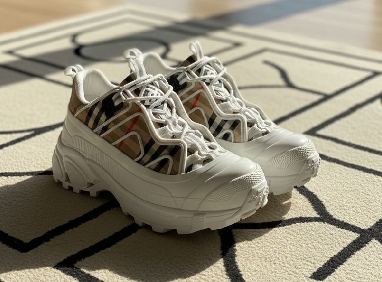 Foto de ums dos modelos de tênis masculinos de luxo na summer sale: modelo Burberry Arthur Check. 