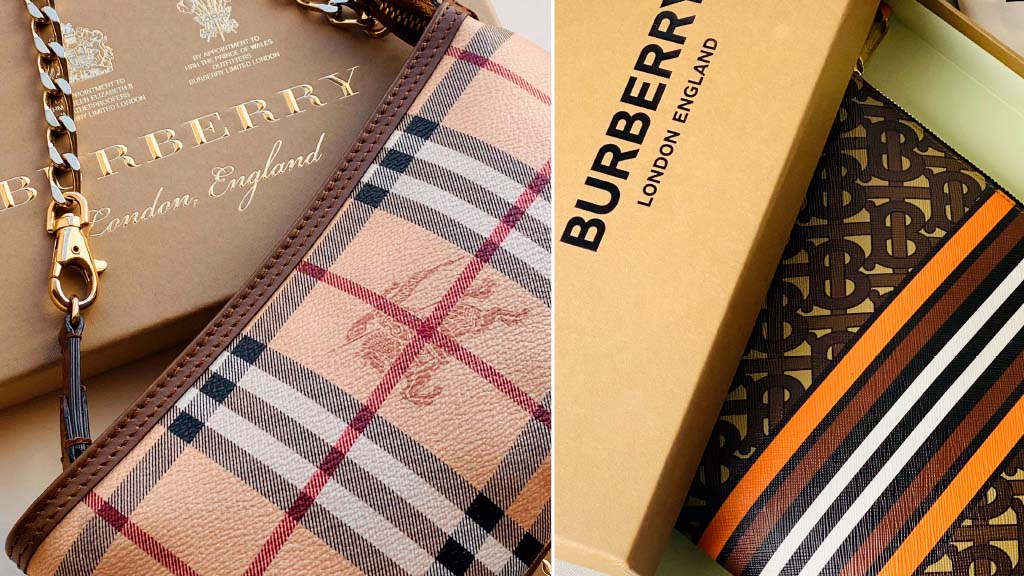 Montagem de clutches e carteiras para o post o que significa Burberry.