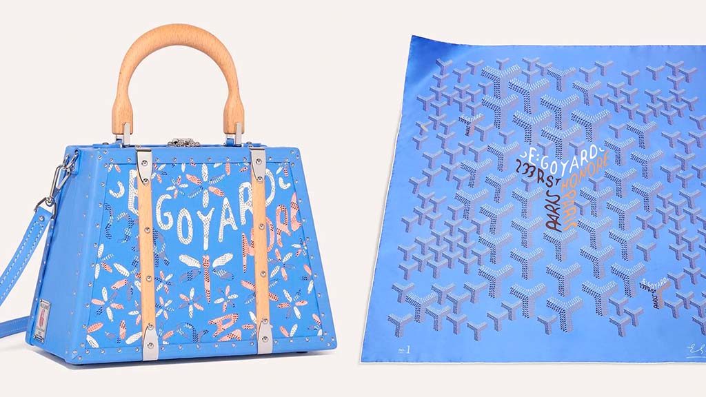 Montagem de fotos de bolsa e lençco com a nova cor da Goyard para 2025: Iris.