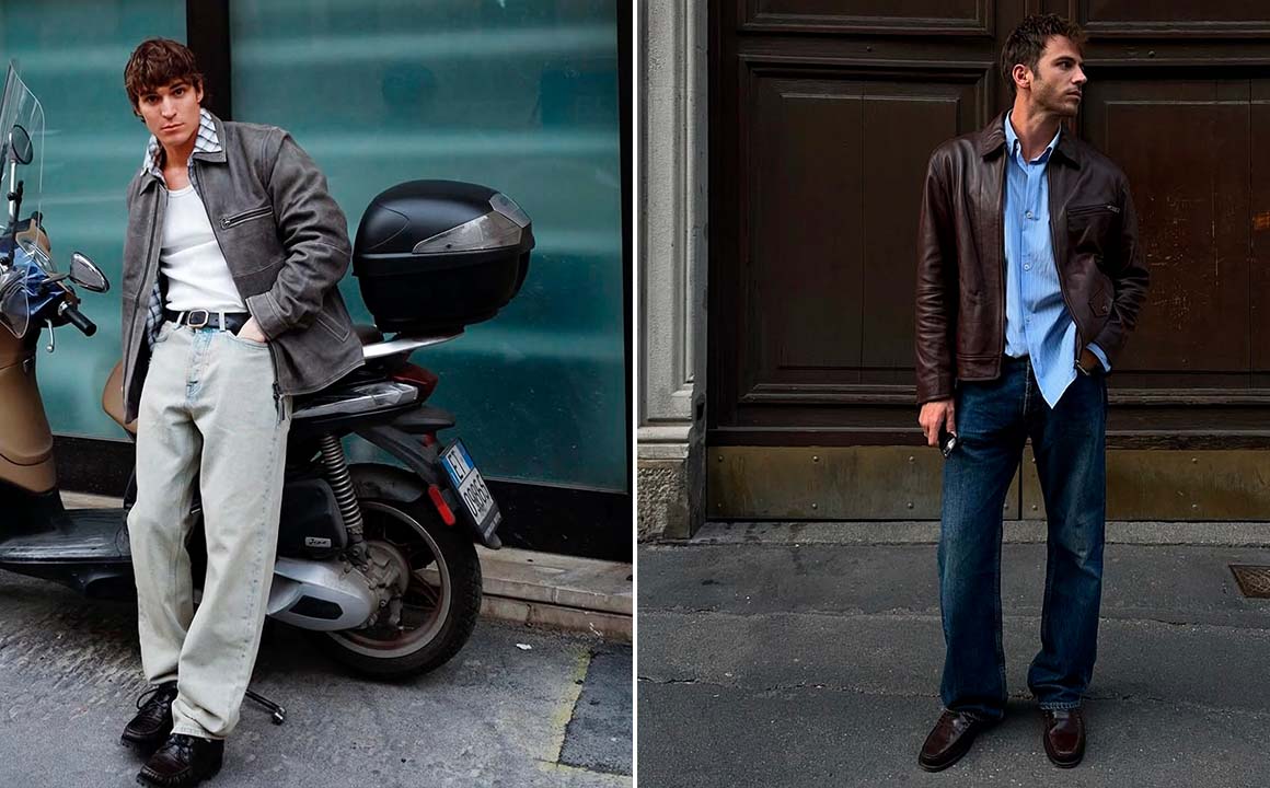 Montagem de fotos de ideias de looks masculinos com jaqueta de couro.