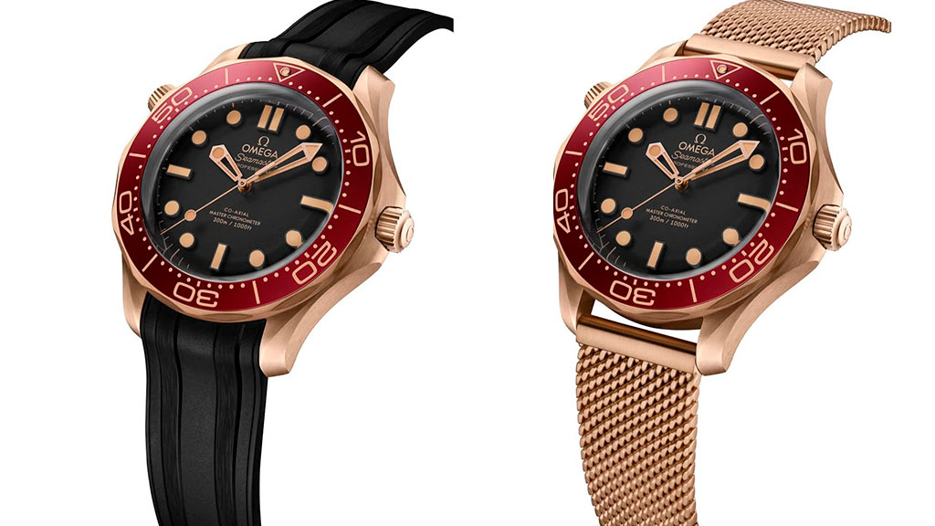 Montagem de fotos da cor inédita  do Relógio Omega Seamaster Diver 300M Bronze Gold. 