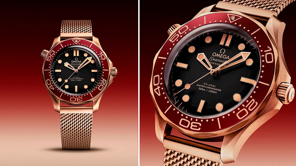 Montagem de fotos da nova cor do Relógio Omega Seamaster Diver 300M Bronze Gold. 