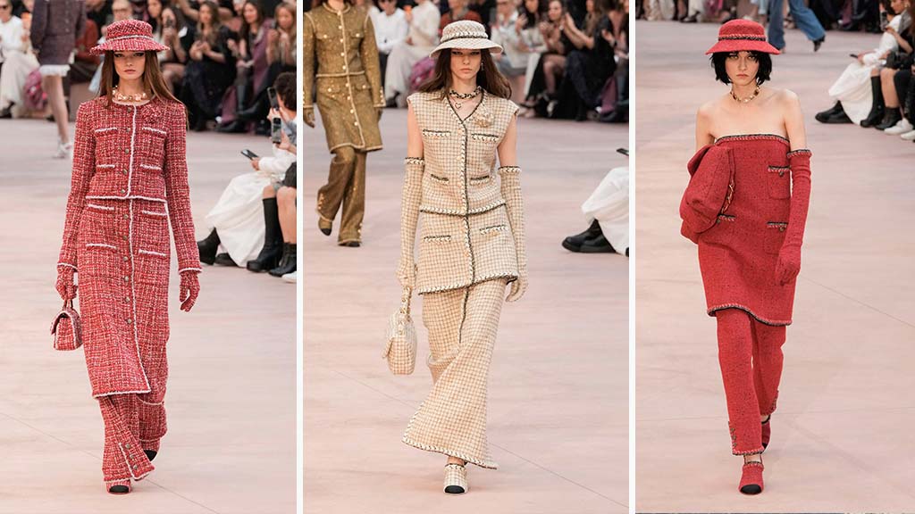 Montagem de fotos de looks do Desfile da Chanel Inverno 2025.