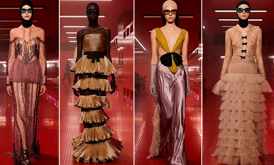 Montagem de fotos do Desfile da Valentino Inverno 2025 na PFW com cenário de banheiro.