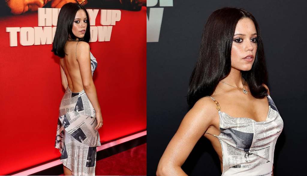 Montagem de fotos de Jenna Ortega usando o Vestido de Jornal da Dior.