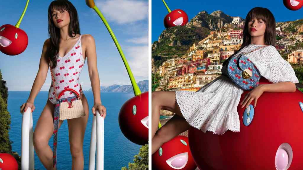 Montagem de fotos da Zenday vestindo a collab mais recente da Louis Vuitton com o artista Takashi Murakami.