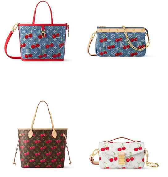 Montagem de fotos de bolsas com estampa de cereja da parceria de 2025 da Louis Vuitton com o artista Takashi Murakami.